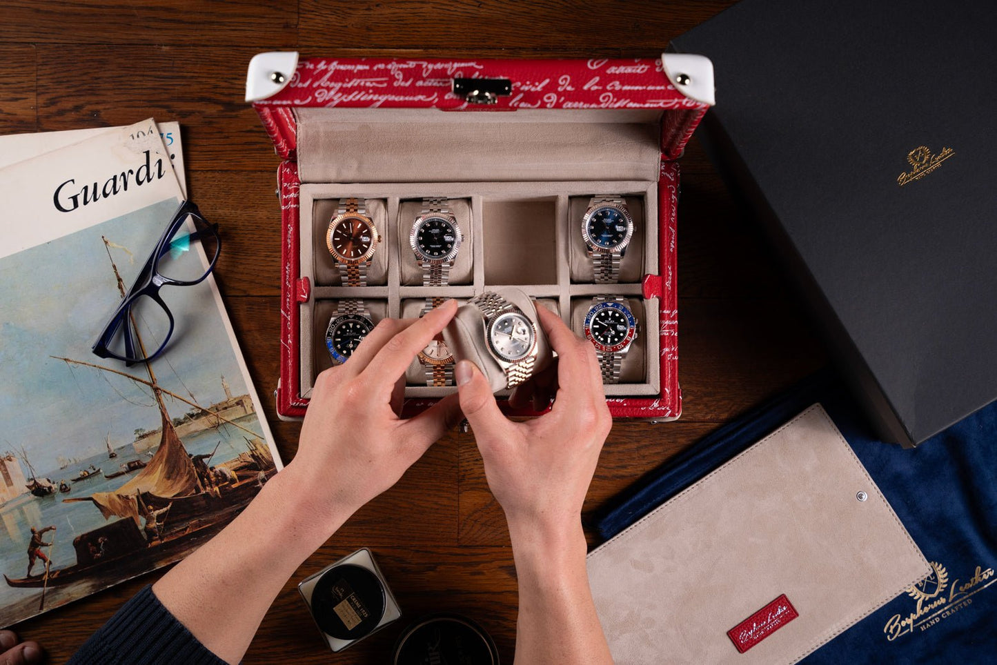 Bosphorus LeatherMaya Watch Case - Togo Parchment Red For 8 Watches